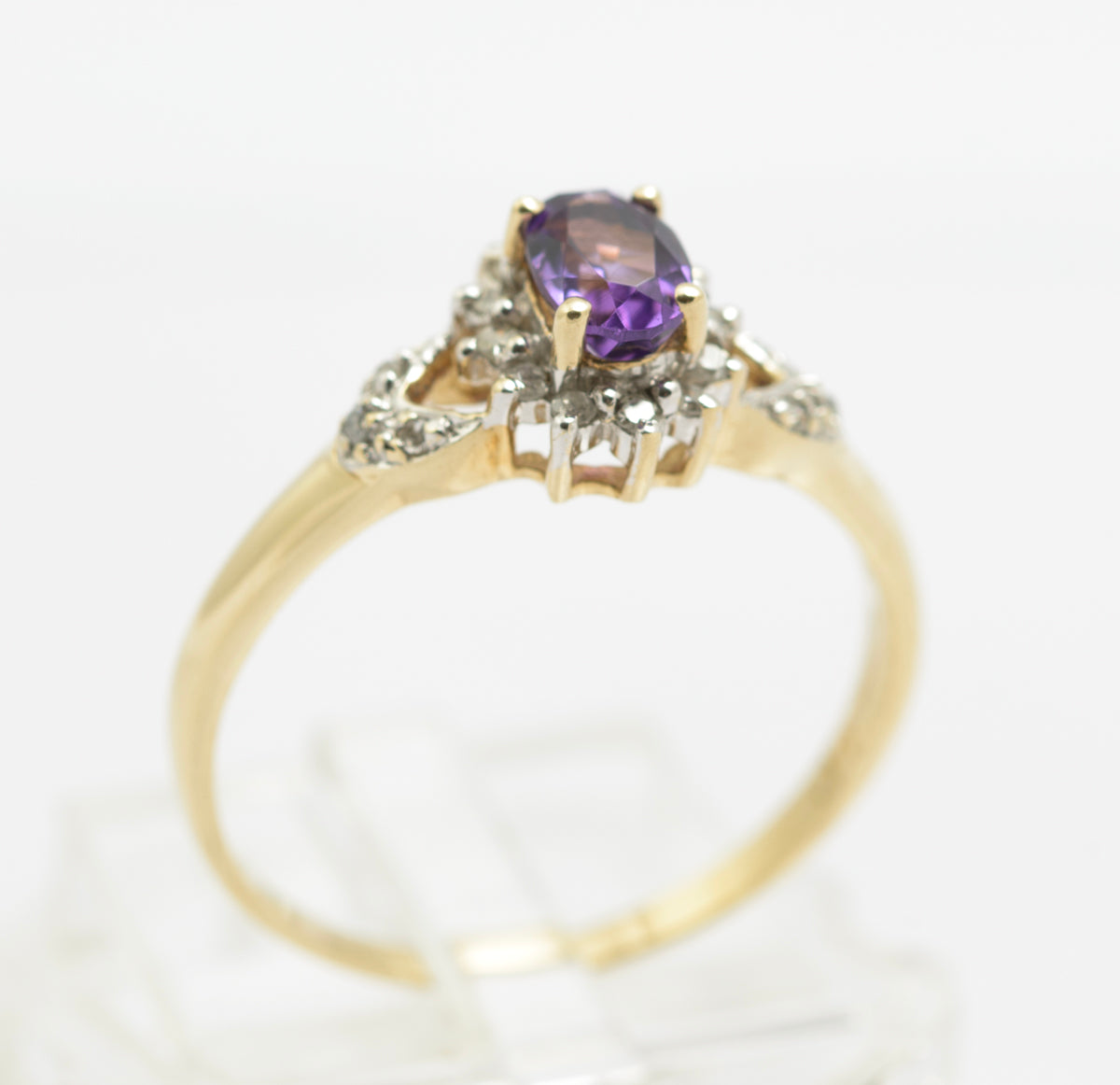 Vintage 9ct Gold Natural Amethyst & Diamond Halo Ring c.1980s Hallmarked (B2418)