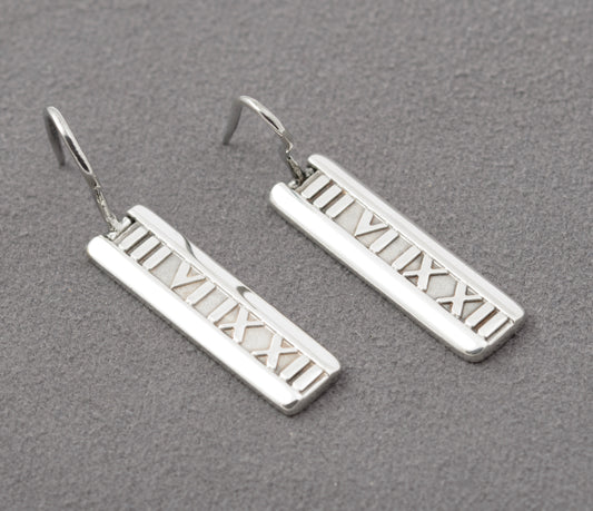 Pair Tiffany & Co Sterling Silver Atlas Bar Earrings Roman Numerals Pierced Ears (B2440)