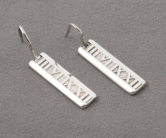 Pair Tiffany & Co Sterling Silver Atlas Bar Earrings Roman Numerals Pierced Ears (B2440)