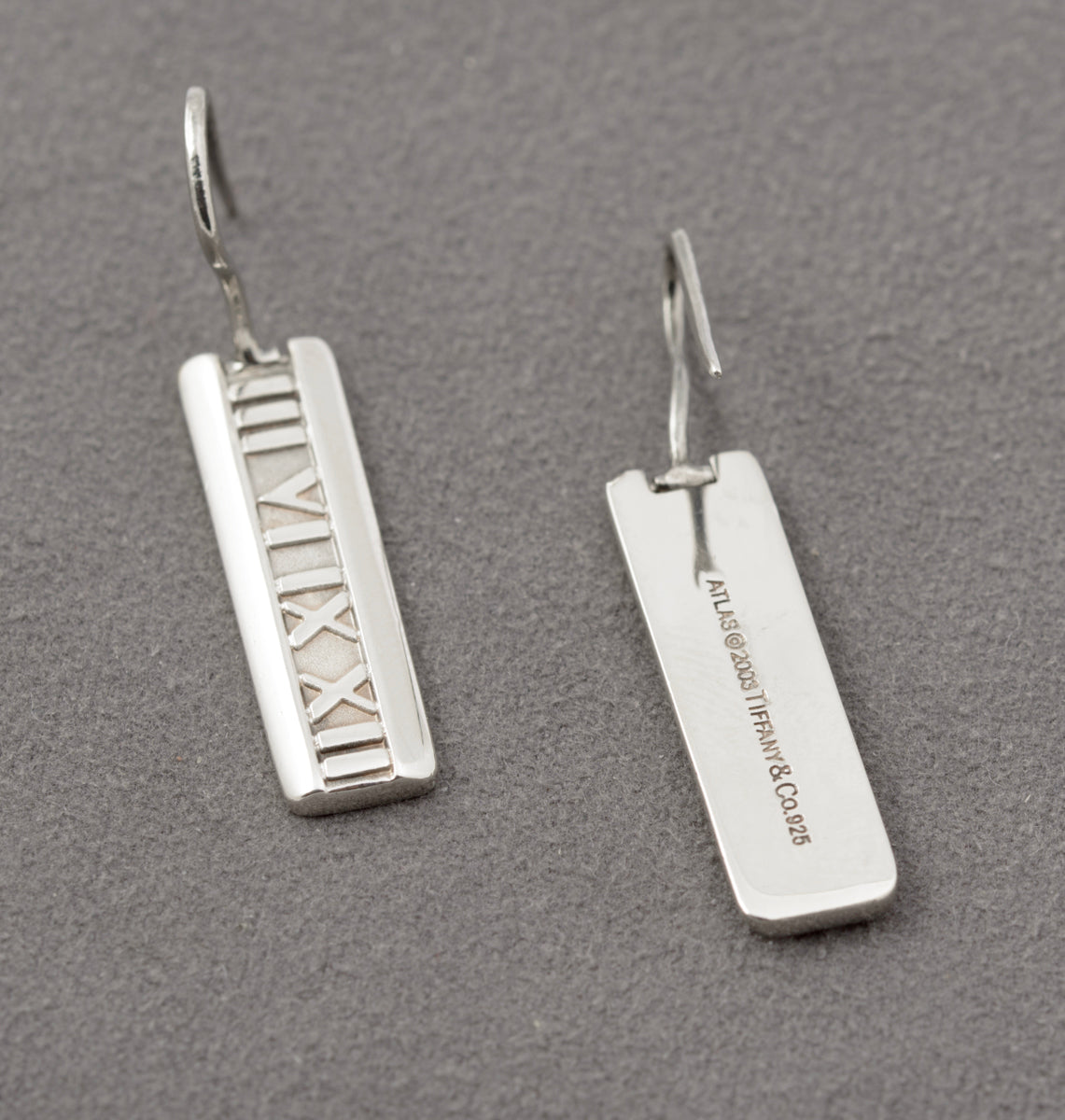 Pair Tiffany & Co Sterling Silver Atlas Bar Earrings Roman Numerals Pierced Ears (B2440)