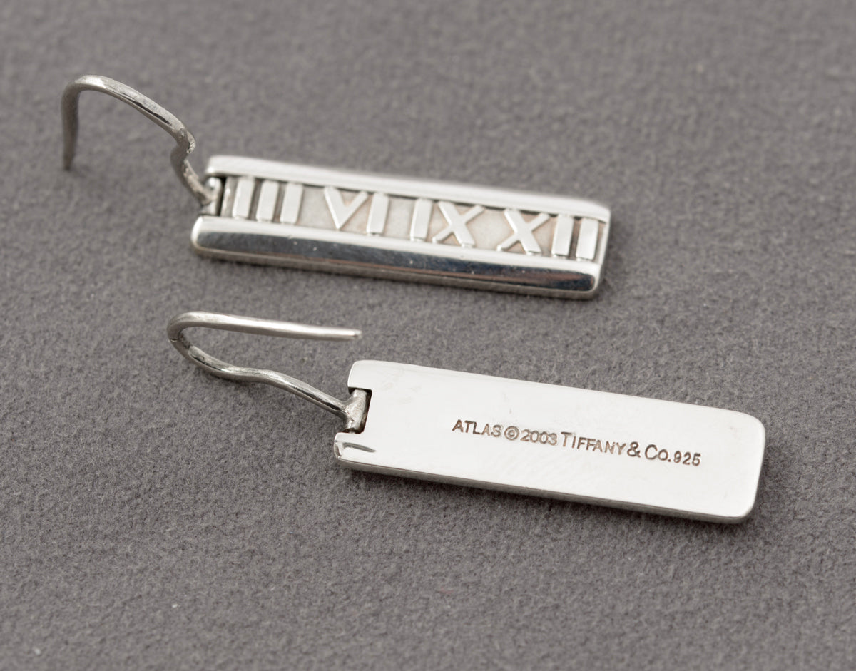 Pair Tiffany & Co Sterling Silver Atlas Bar Earrings Roman Numerals Pierced Ears (B2440)