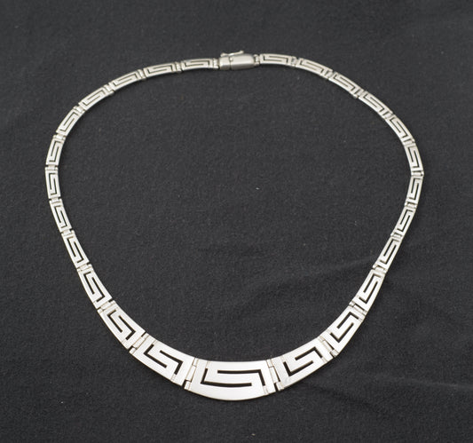 Vintage Mexican Sterling Silver Graduated Panel Greek Key Necklace (B2447)