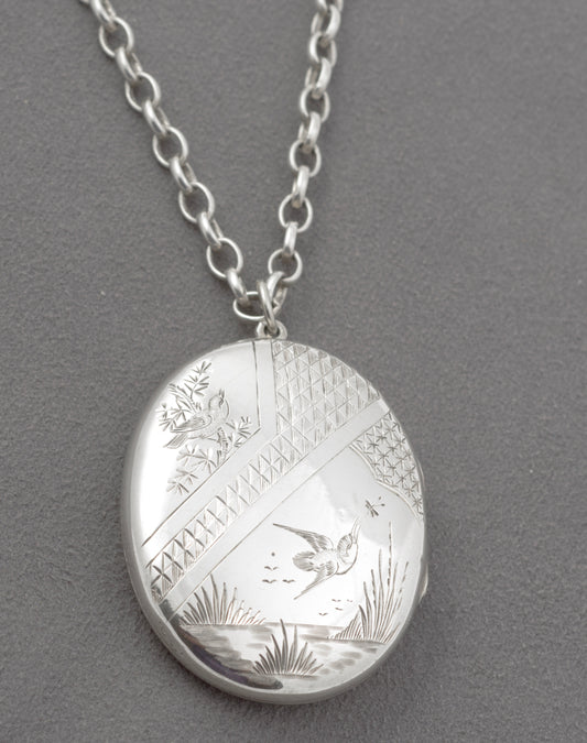 Antique Victorian Hallmarked Sterling Silver Large Locket Pendant Necklace 1881 (B2449)