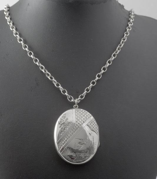 Antique Victorian Hallmarked Sterling Silver Large Locket Pendant Necklace 1881 (B2449)