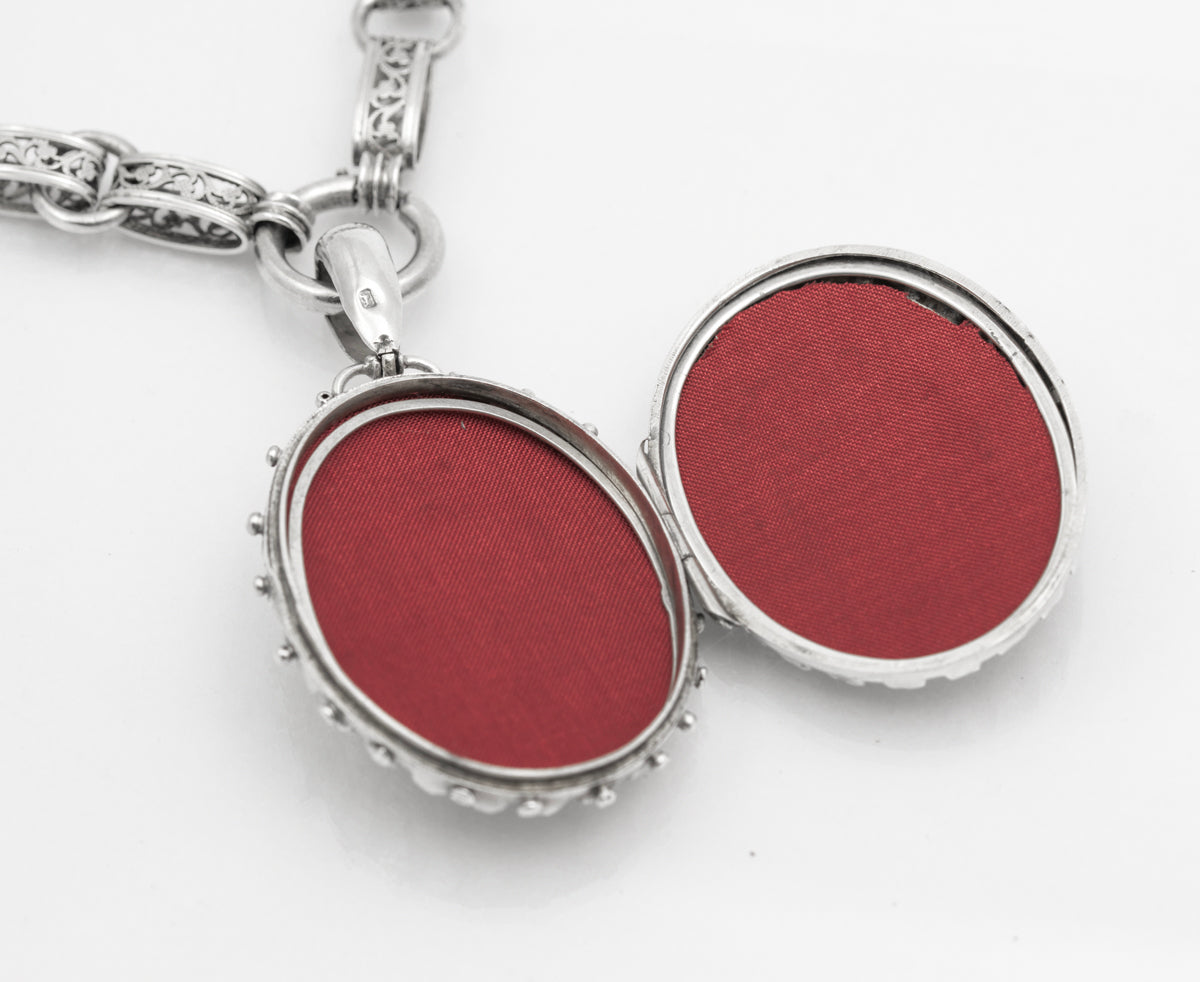 Antique Victorian Sterling Silver Locket & Fancy Book Chain Necklace Hallmarked (B2455)