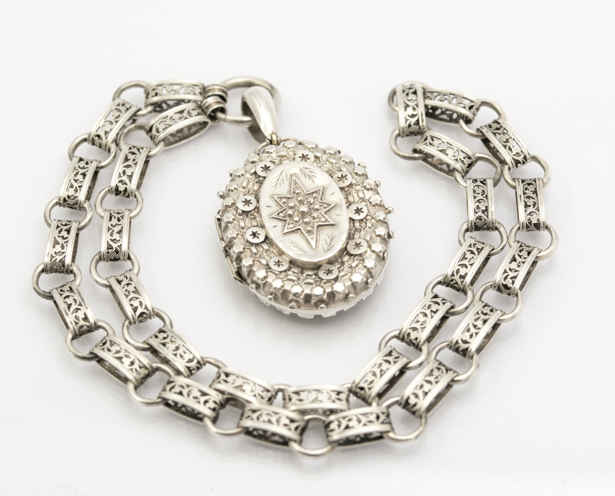 Antique Victorian Sterling Silver Locket & Fancy Book Chain Necklace Hallmarked (B2455)