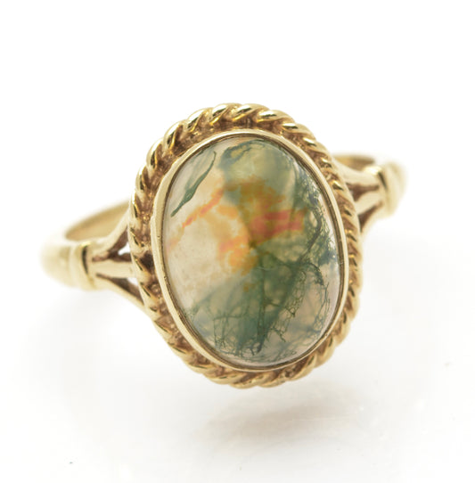 Vintage 9ct Gold & Natural Moss Agate Cabochon Ring Hallmarked 1977 Size M (B2465)