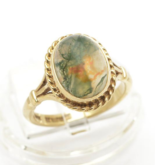 Vintage 9ct Gold & Natural Moss Agate Cabochon Ring Hallmarked 1977 Size M (B2465)