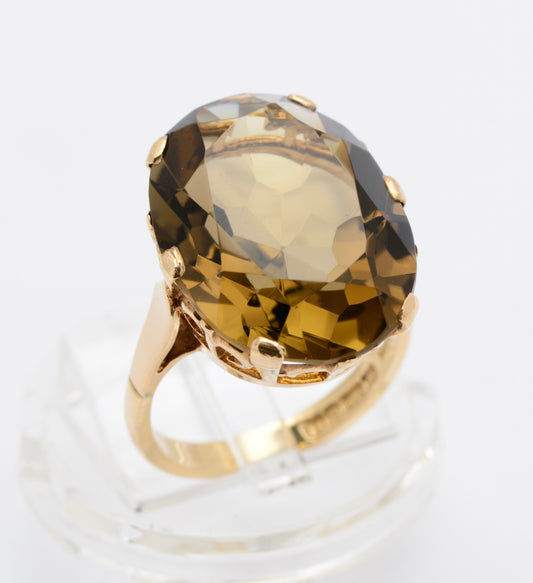 Vintage 9ct Gold Ring With Huge 14 Carat Natural Smoky Quartz Gemstone Size L (B2466)