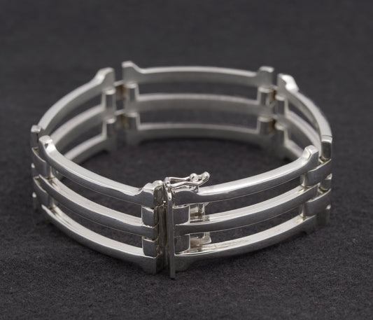 Vintage .835 Silver German Heavy Chunky Gate Bracelet 3 Bar (B2482)