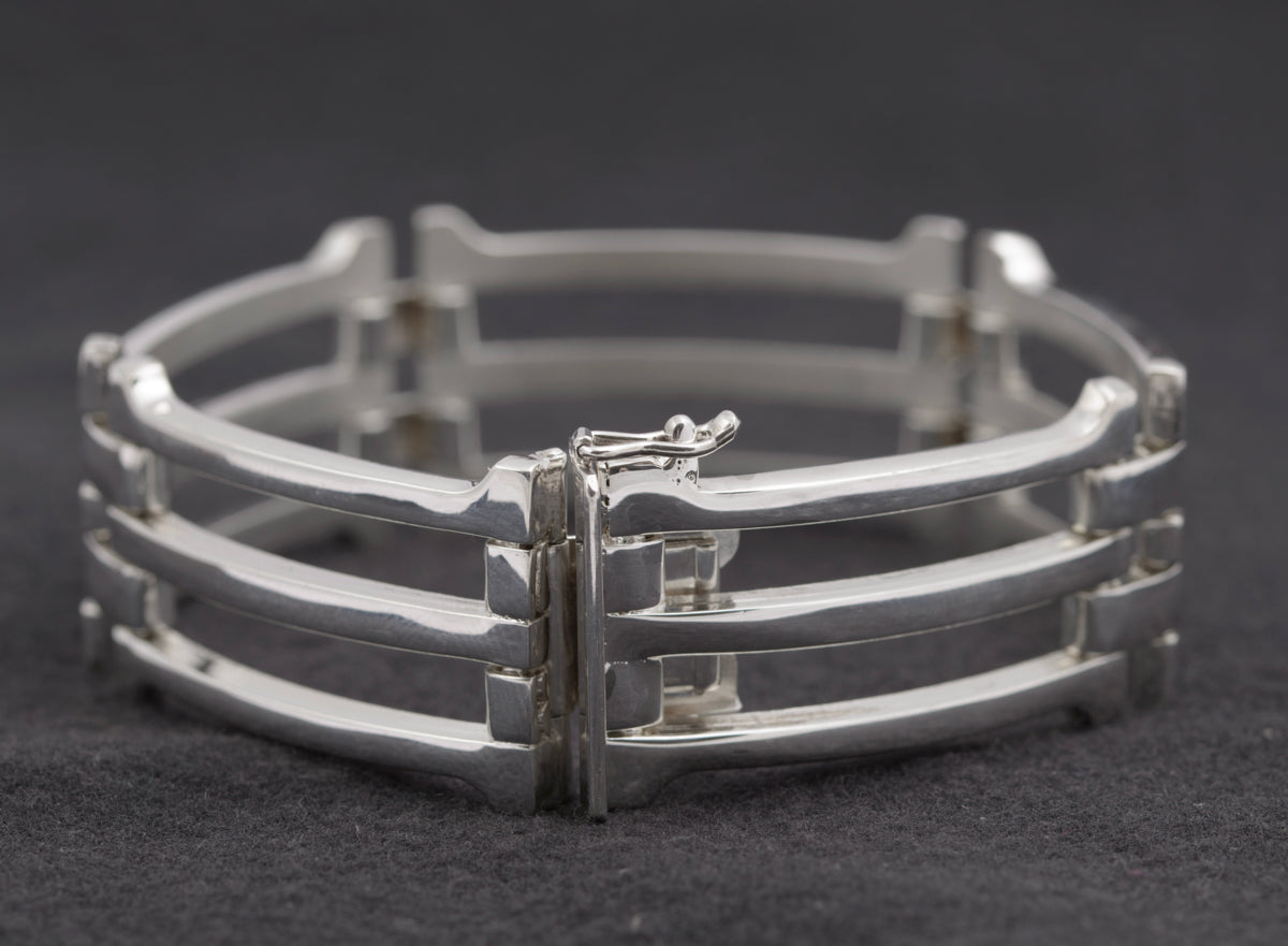 Vintage .835 Silver German Heavy Chunky Gate Bracelet 3 Bar (B2482)
