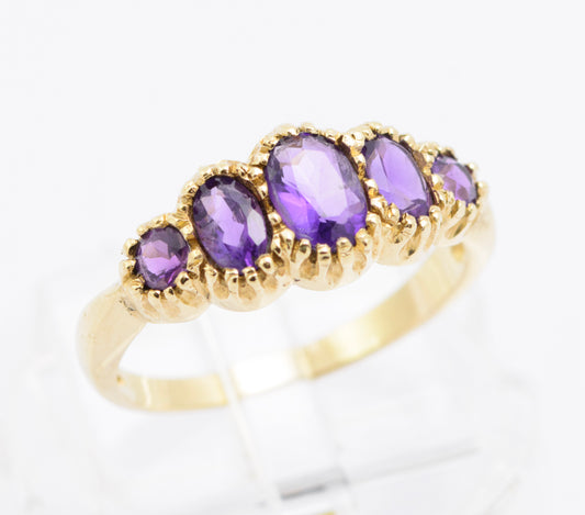 Vintage 9ct Gold & Natural Amethyst Gemstone Five Gem Ring UK Size M1/2 (B2484)