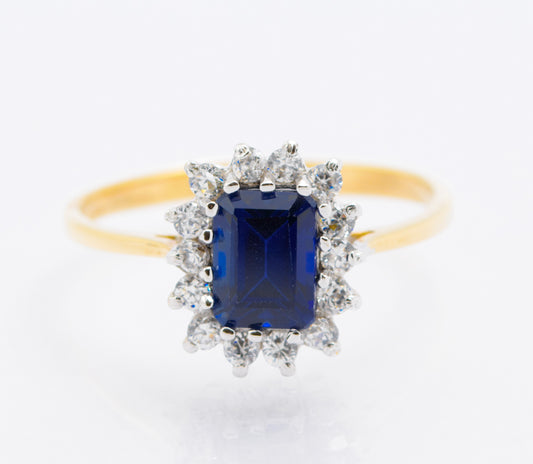 9ct Gold Emerald Cut 1.4 Carat Sapphire & CZ Halo Ring Size P (B2485)
