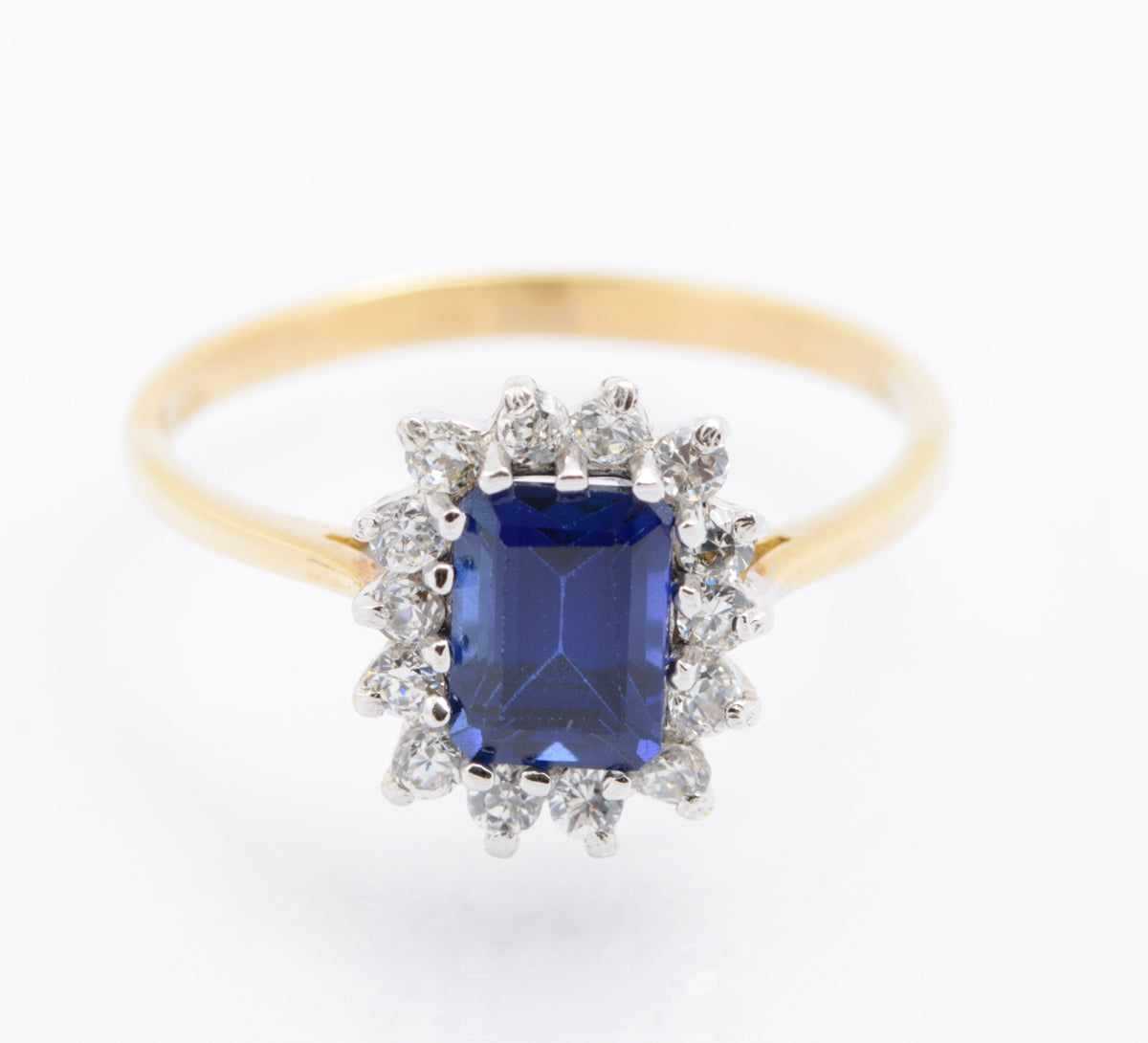 9ct Gold Emerald Cut 1.4 Carat Sapphire & CZ Halo Ring Size P (B2485)