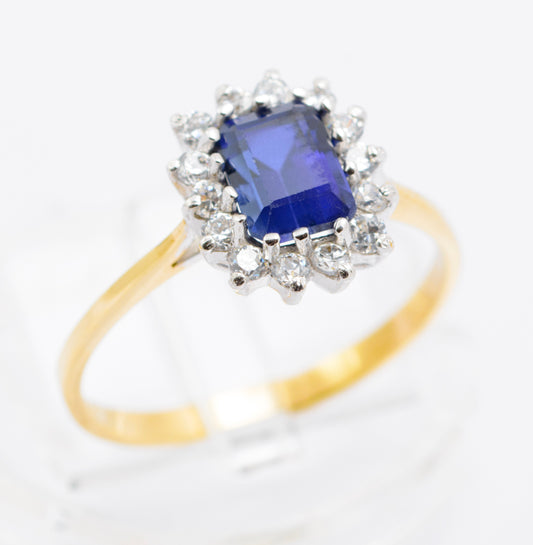 9ct Gold Emerald Cut 1.4 Carat Sapphire & CZ Halo Ring Size P (B2485)