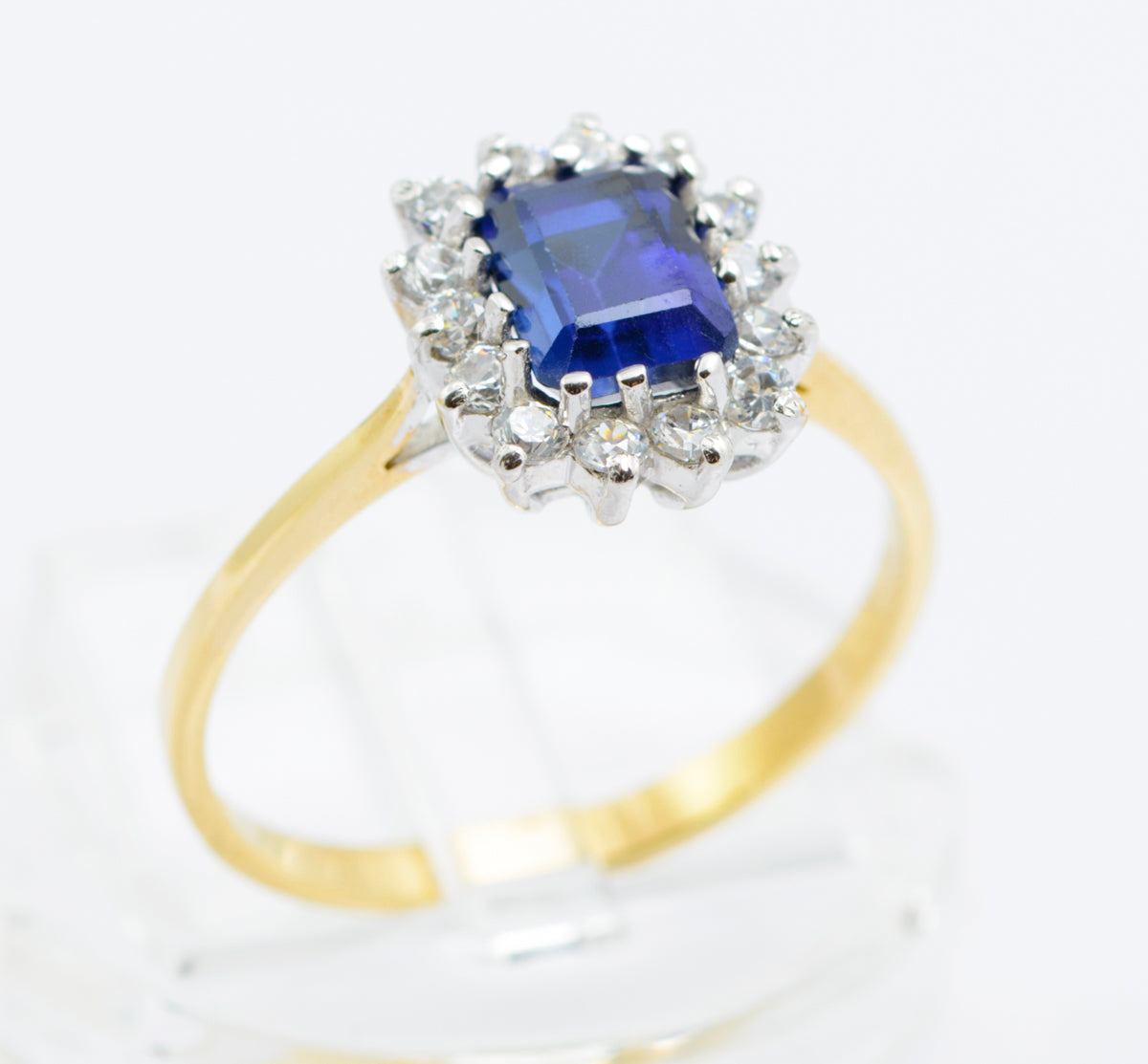 9ct Gold Emerald Cut 1.4 Carat Sapphire & CZ Halo Ring Size P (B2485)