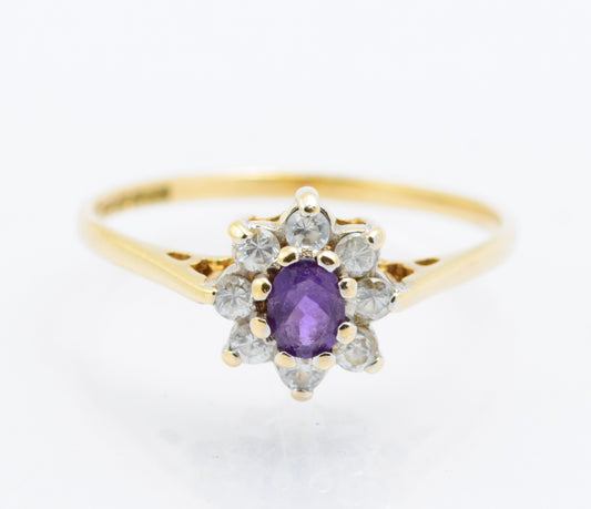 Vintage 9ct Gold Natural Amethyst & CZ Halo Ring Hallmarked 1980's Size L (B2487)