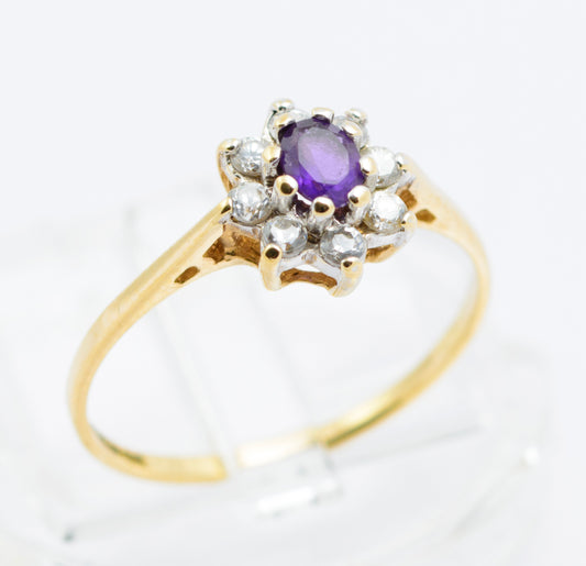 Vintage 9ct Gold Natural Amethyst & CZ Halo Ring Hallmarked 1980's Size L (B2487)