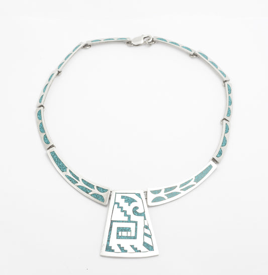 Vintage Mexican Aztec Design Necklace Sterling Silver & Turquoise - Taxco (B2488)