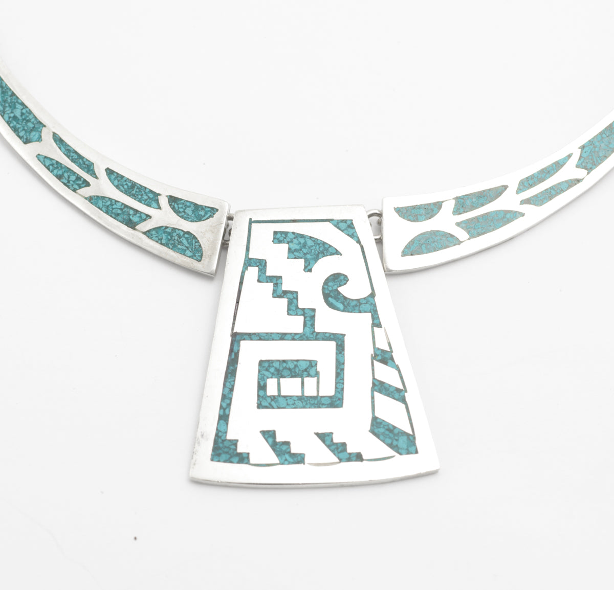 Vintage Mexican Aztec Design Necklace Sterling Silver & Turquoise - Taxco (B2488)