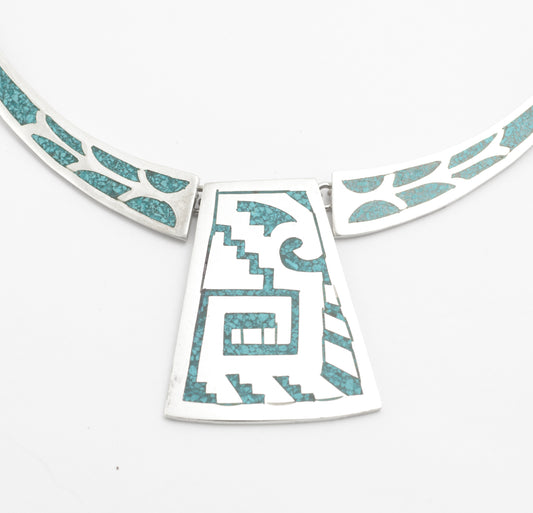 Vintage Mexican Aztec Design Necklace Sterling Silver & Turquoise - Taxco (B2488)