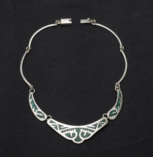 Vintage Mexican Taxco Sterling Silver Panel Necklace With Green Malachite Inlay (B2499)