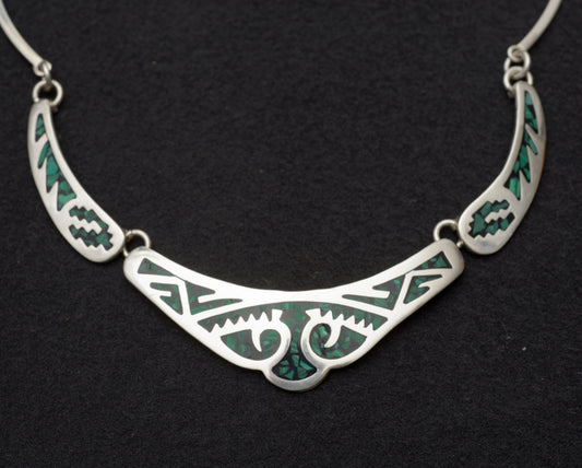 Vintage Mexican Taxco Sterling Silver Panel Necklace With Green Malachite Inlay (B2499)