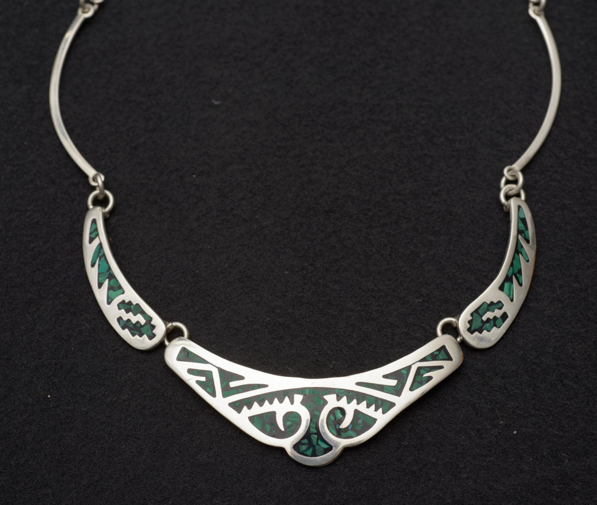 Vintage Mexican Taxco Sterling Silver Panel Necklace With Green Malachite Inlay (B2499)
