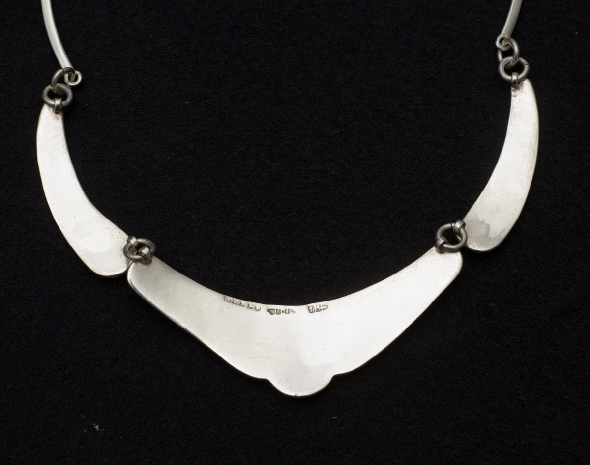 Vintage Mexican Taxco Sterling Silver Panel Necklace With Green Malachite Inlay (B2499)