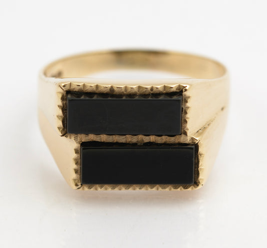 Vintage 9ct Gold Large Men's Double Head Black Onyx Signet Ring Size W (B2510)