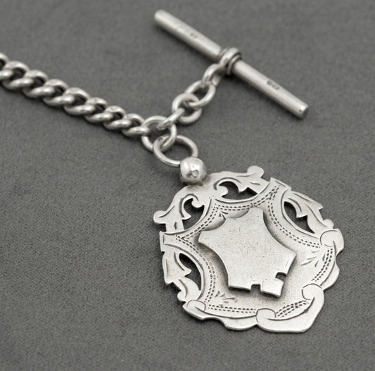 Antique Victorian Heavy Sterling Silver Albert Watch Graduated Chain Fob & T Bar (B2516)