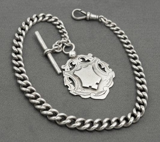 Antique Victorian Heavy Sterling Silver Albert Watch Graduated Chain Fob & T Bar (B2516)