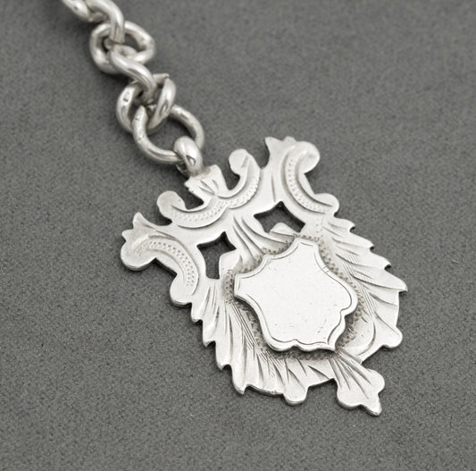 Antique Sterling Silver Double Albert Watch Graduated Chain T Bar & Fob (B2517)