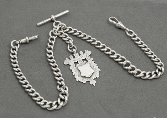 Antique Sterling Silver Double Albert Watch Graduated Chain T Bar & Fob (B2517)