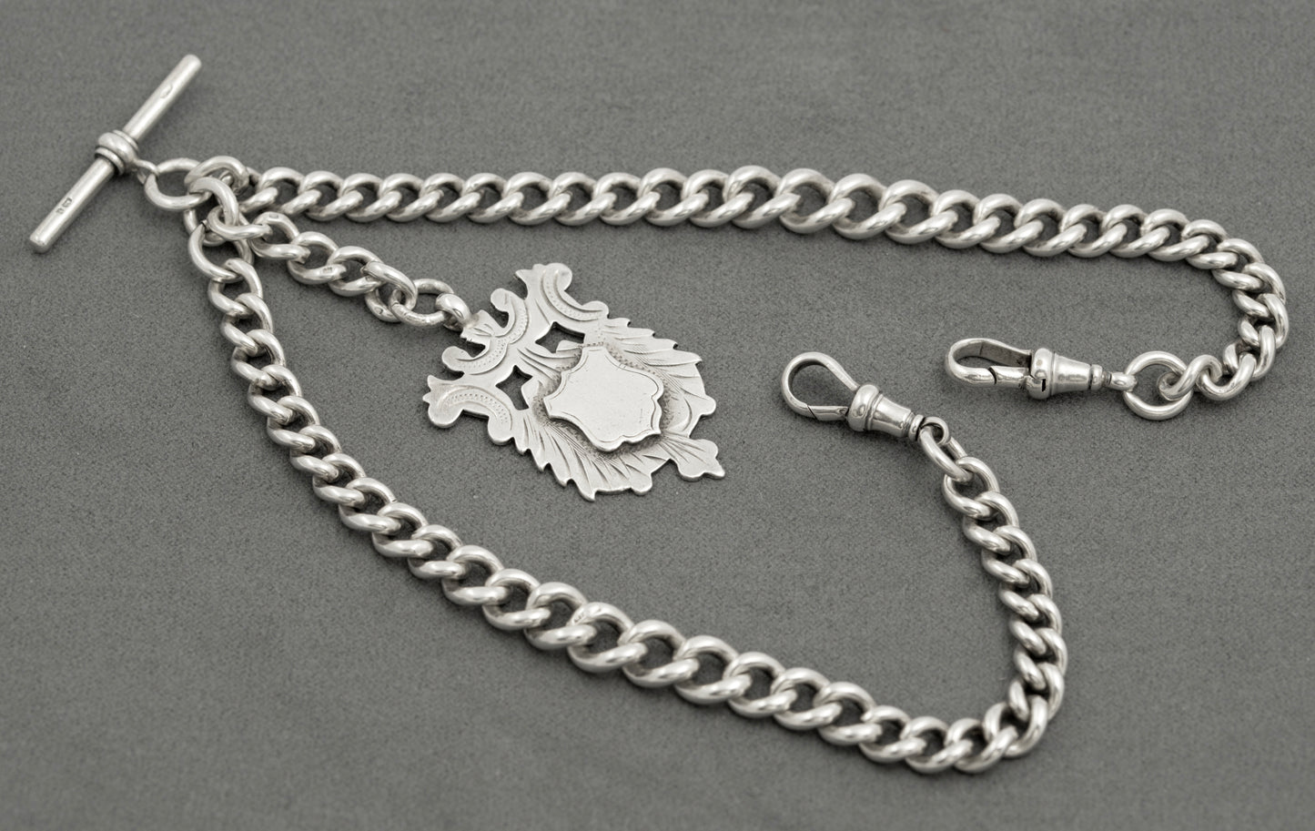 Antique Sterling Silver Double Albert Watch Graduated Chain T Bar & Fob (B2517)