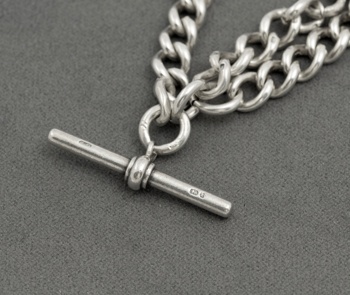 Antique Sterling Silver Double Albert Watch Graduated Chain T Bar & Fob (B2517)