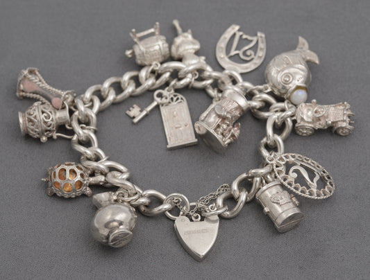 Vintage Sterling Silver Heavy Charm Bracelet With 13 Charms & Heart Clasp (B2518)