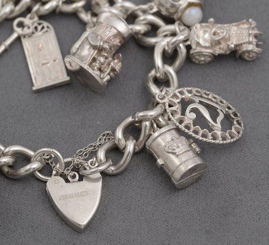 Vintage Sterling Silver Heavy Charm Bracelet With 13 Charms & Heart Clasp (B2518)