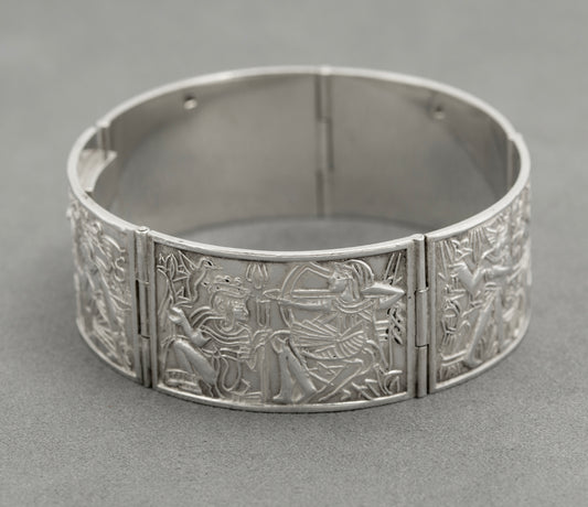 Vintage Egyptian .900 Silver Panel Bracelet Sphinx Pyramids Hallmarked (B2524)