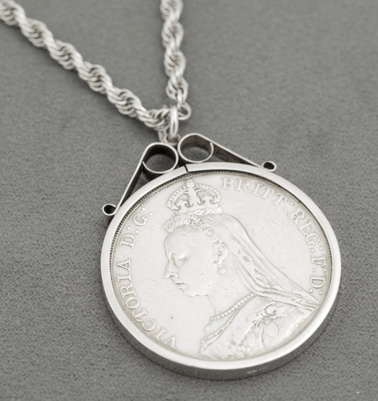 Antique Victoria 1890 Silver Crown Coin Pendant Necklace On Rope Twist Chain (B2530)