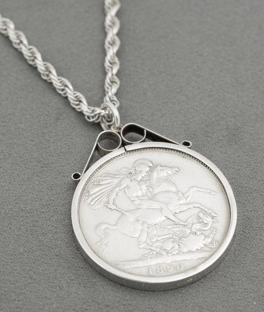 Antique Victoria 1890 Silver Crown Coin Pendant Necklace On Rope Twist Chain (B2530)