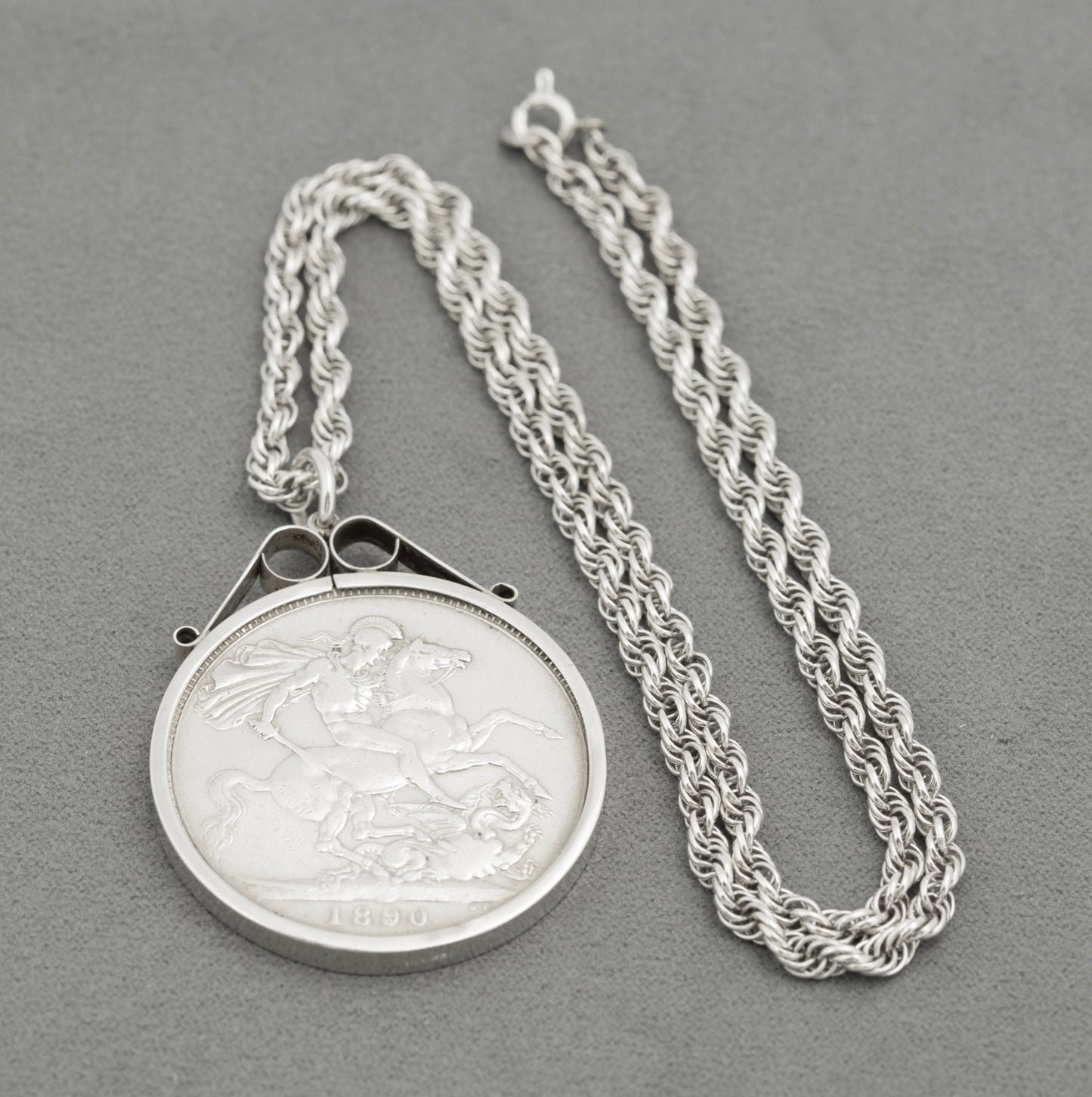 Antique Victoria 1890 Silver Crown Coin Pendant Necklace On Rope Twist Chain (B2530)