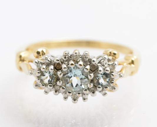 Vintage 9ct Gold Triple Aquamarine Ring With Diamond Halo UK Size O (B2534)
