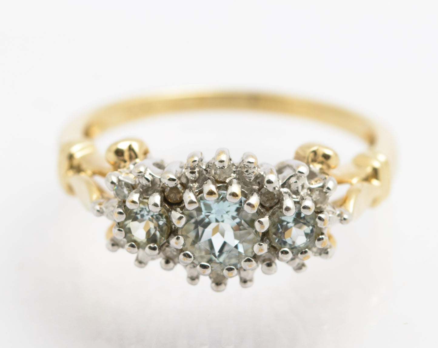 Vintage 9ct Gold Triple Aquamarine Ring With Diamond Halo UK Size O (B2534)