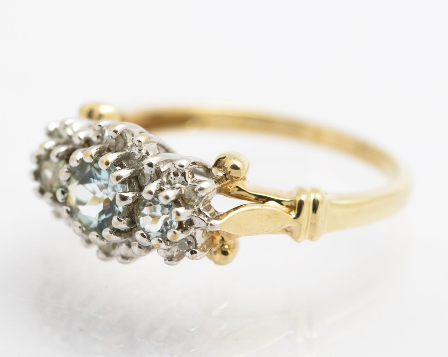 Vintage 9ct Gold Triple Aquamarine Ring With Diamond Halo UK Size O (B2534)