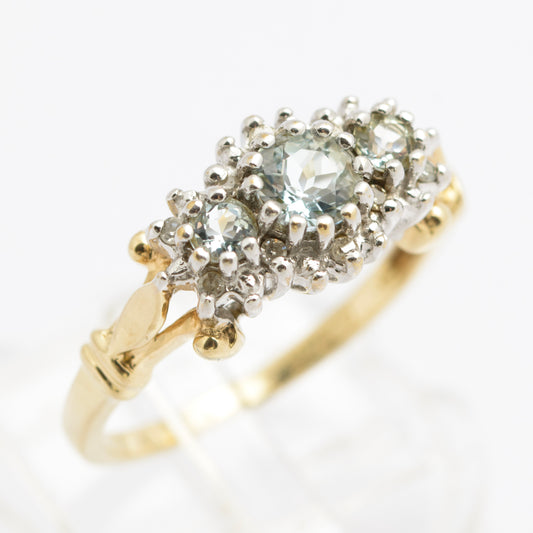 Vintage 9ct Gold Triple Aquamarine Ring With Diamond Halo UK Size O (B2534)