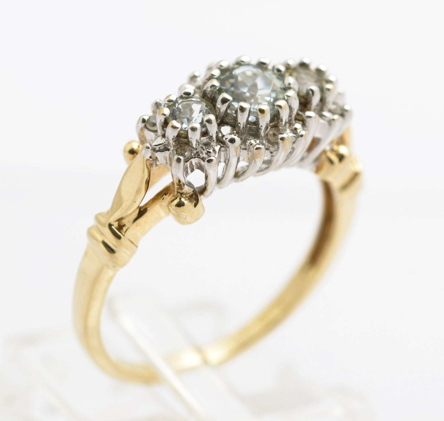 Vintage 9ct Gold Triple Aquamarine Ring With Diamond Halo UK Size O (B2534)