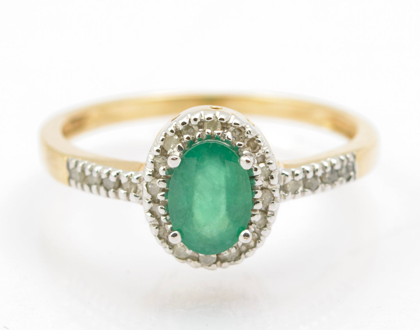 Vintage 9ct Gold & Natural Emerald Gemstone Ring With Diamond Halo & Shoulders (B2546)