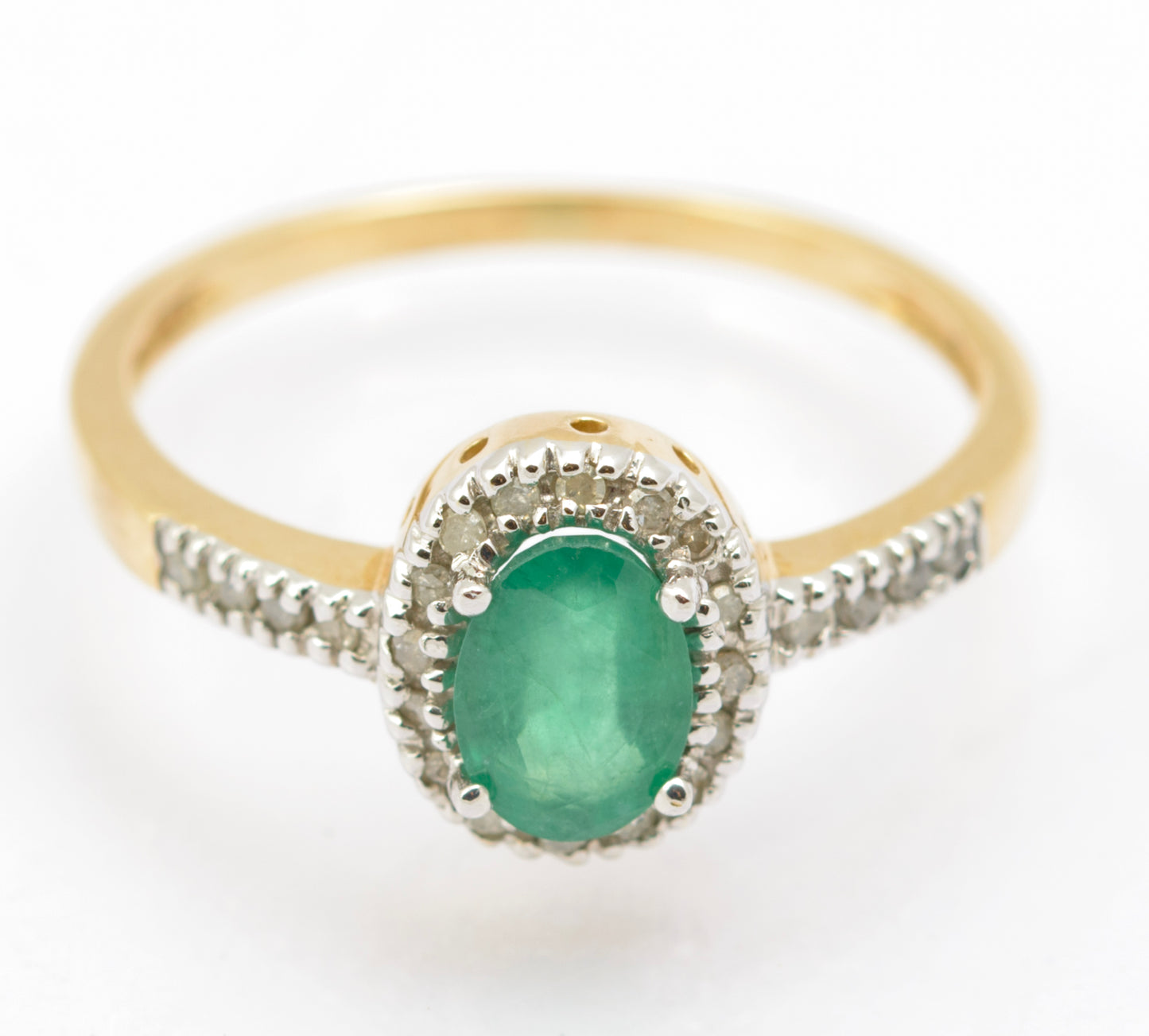 Vintage 9ct Gold & Natural Emerald Gemstone Ring With Diamond Halo & Shoulders (B2546)