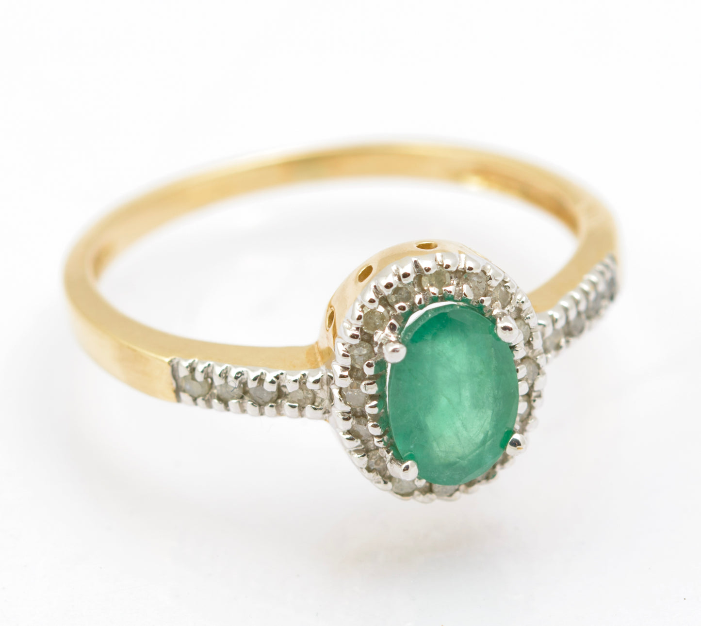 Vintage 9ct Gold & Natural Emerald Gemstone Ring With Diamond Halo & Shoulders (B2546)